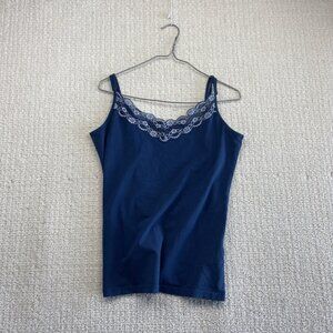 Y2K Cami Tank Top Dark Blue Floral Lace Trim 90s Coquette Fairy Whimsigoth Read